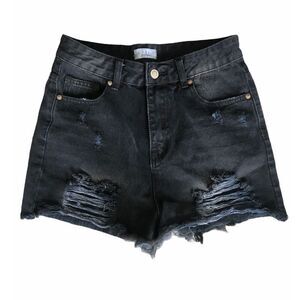 O&O High Waisted Jean Shorts Juniors Large Denim Ripped Black‎